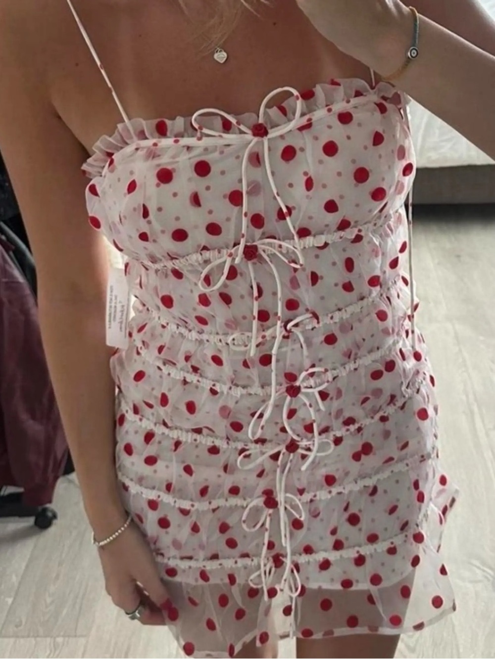 NWT For Love & Lemons Sheer Mini Dress with Red Polka Dots - Picture 7 of 7